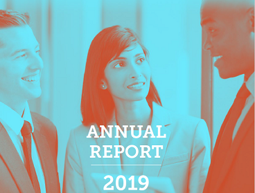 2019 Annual Report Cover with business woman in the center looking at an african-american business man