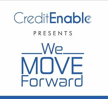 CreditEnable presents We Move Forward in white background with blue letters